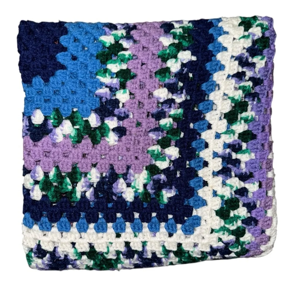 📌Handmade Crochet Granny Square Throw Blanket Blue Purple Green Afghan 52x52 - Picture 2 of 4